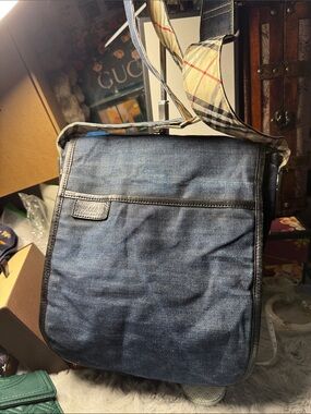 Burberry Blue Denim Messenger Bag with Beige Check Strap